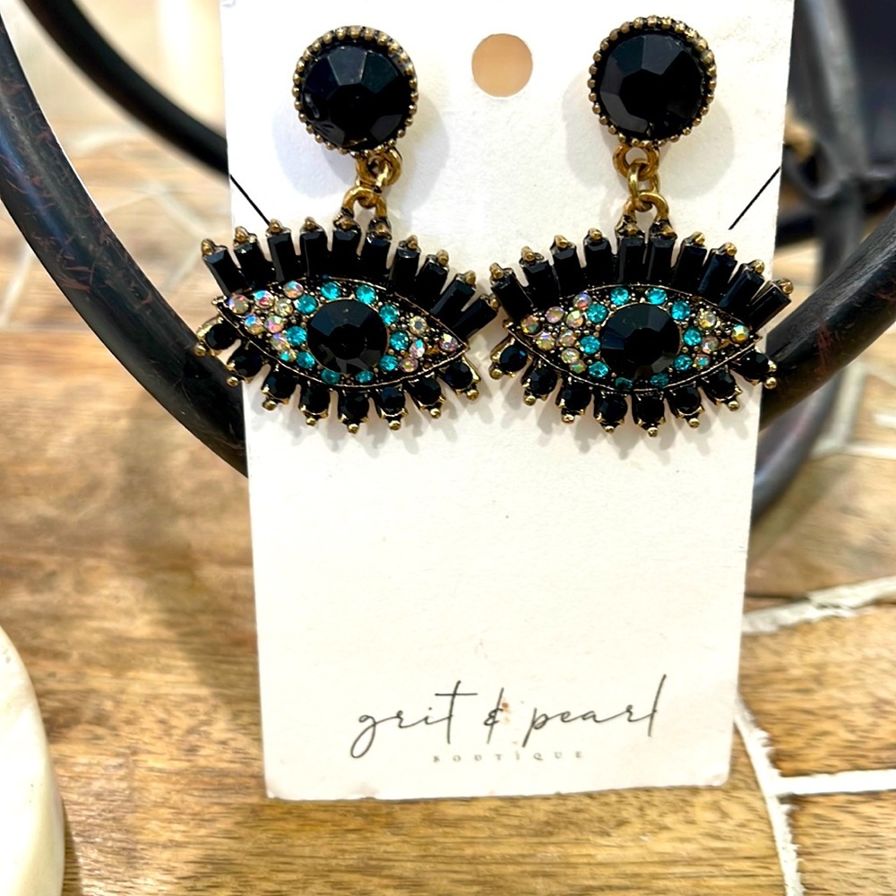 Black boho evil eye earrings